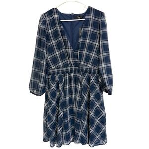 2/$30 Lulu's - Navy Blue Plaid Long Sleeve V-Neck Dress XL - NWT